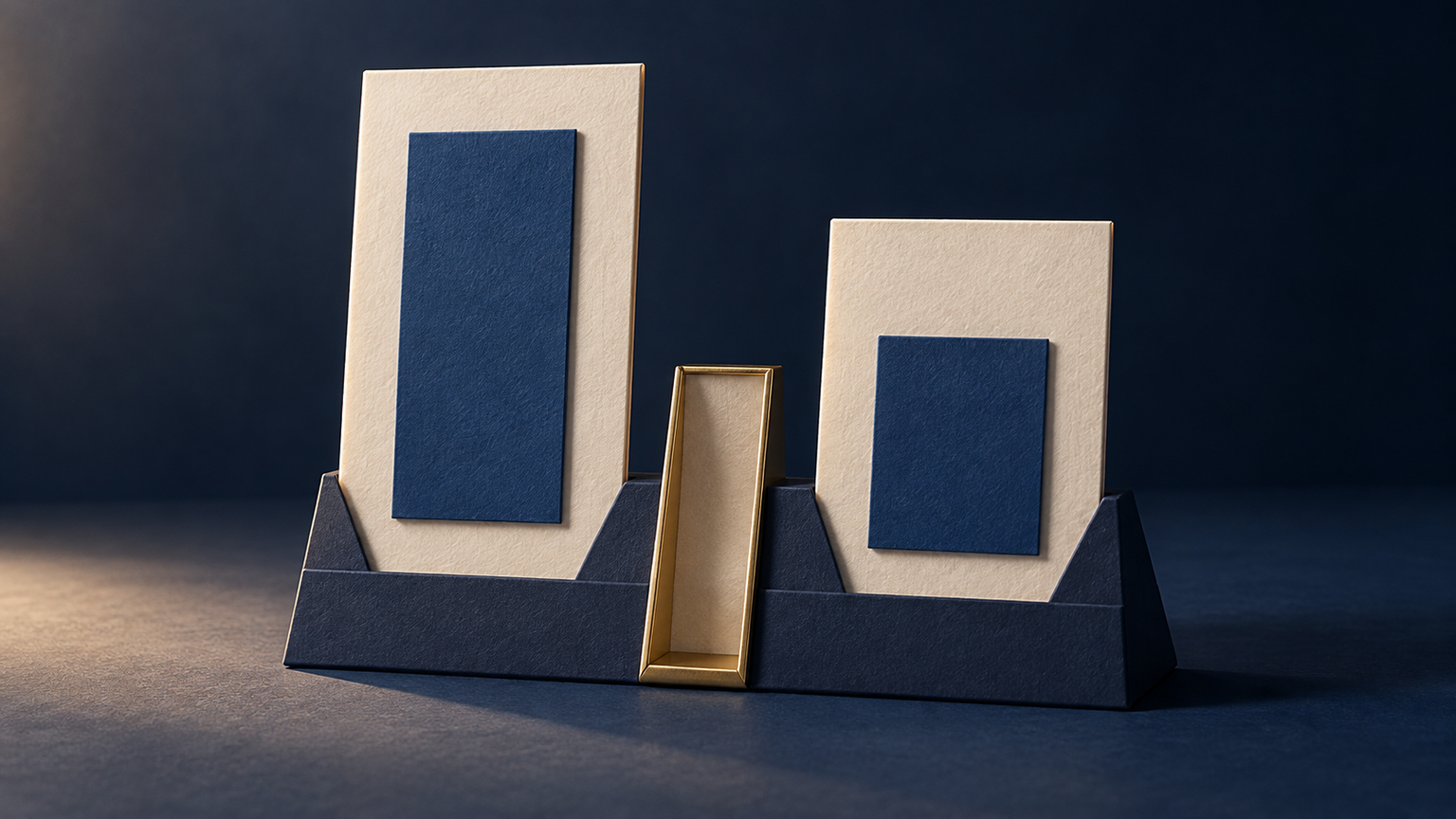 Original fictional comparison stand with two separate cream leaves, unequal blue inserts and an empty gold-edged decision slot