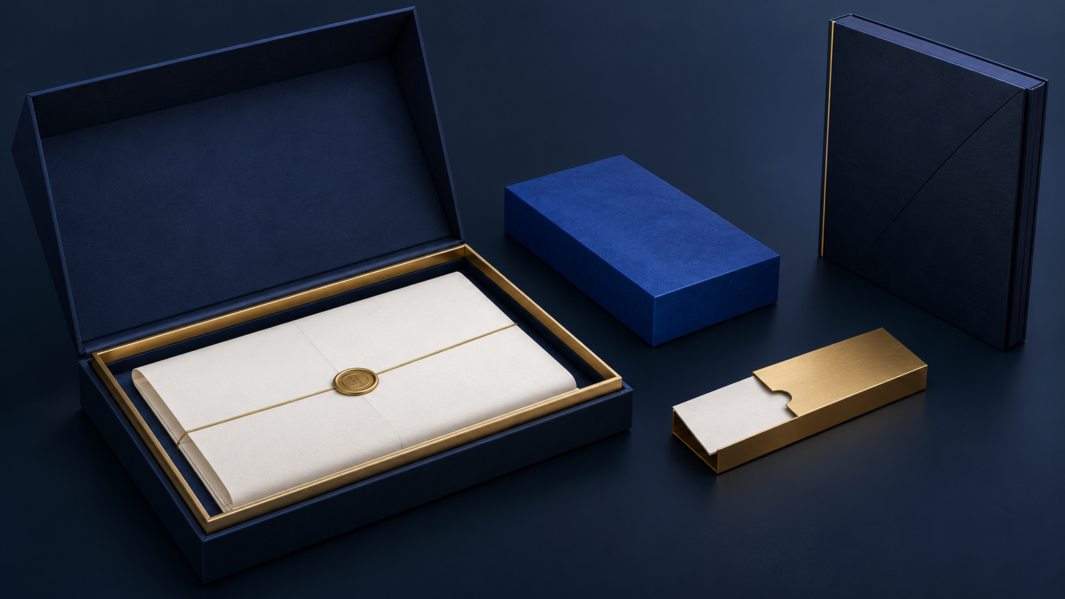 Original navy scope kit: fitted baseline insert, detached blue module, gold qualification sleeve and separate external folio; fictional planning objects.