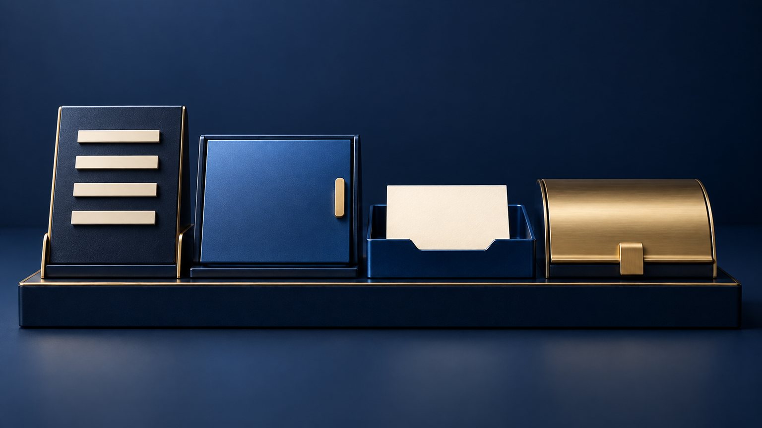 Original generated navy and gold request-state instrument with a fixed directory plaque, an opaque availability shutter, a received-request tray and a separate closed confirmation seal; fictional illustration, not a real booking system