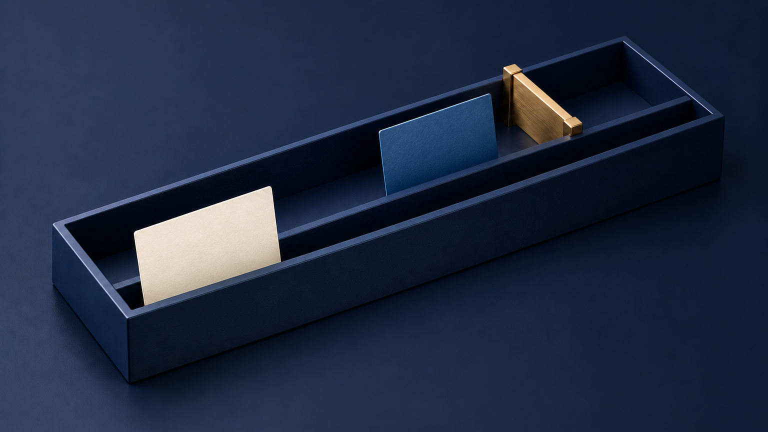 Original fictional navy request-routing trough with a cream routine card and blue exception card held before a gold review gate; not an operating system or customer request.