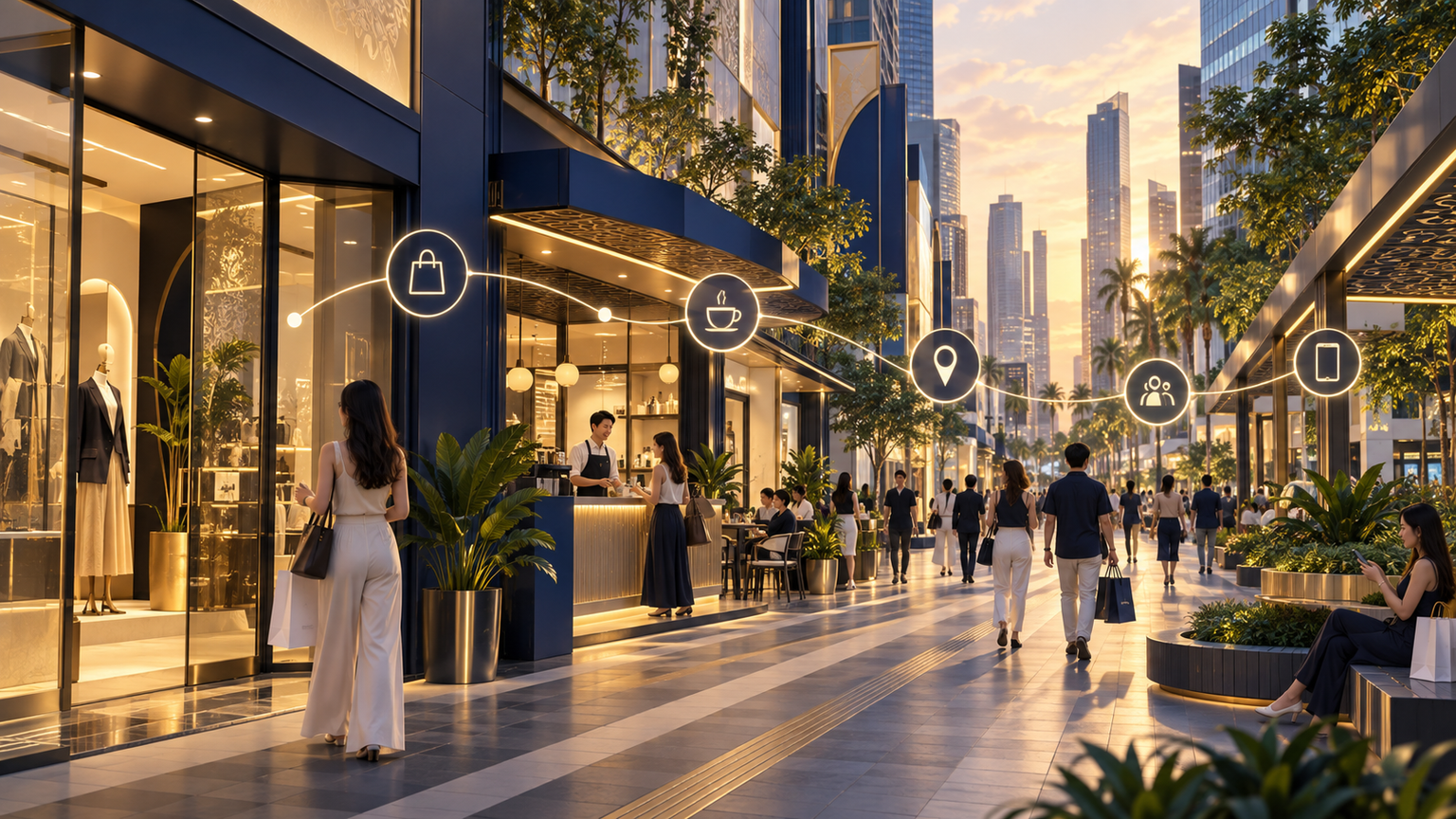 Conceptual fictional retail and hospitality streetscape with a clear customer pathway in navy and gold
