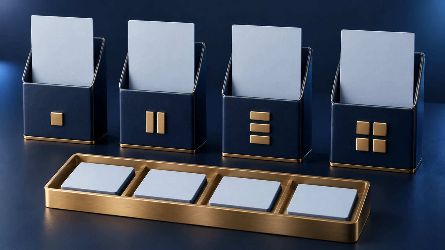 Original generated navy and gold question-routing trays with four separate source-card holders; fictional editorial objects, not tickets, a venue or event evidence