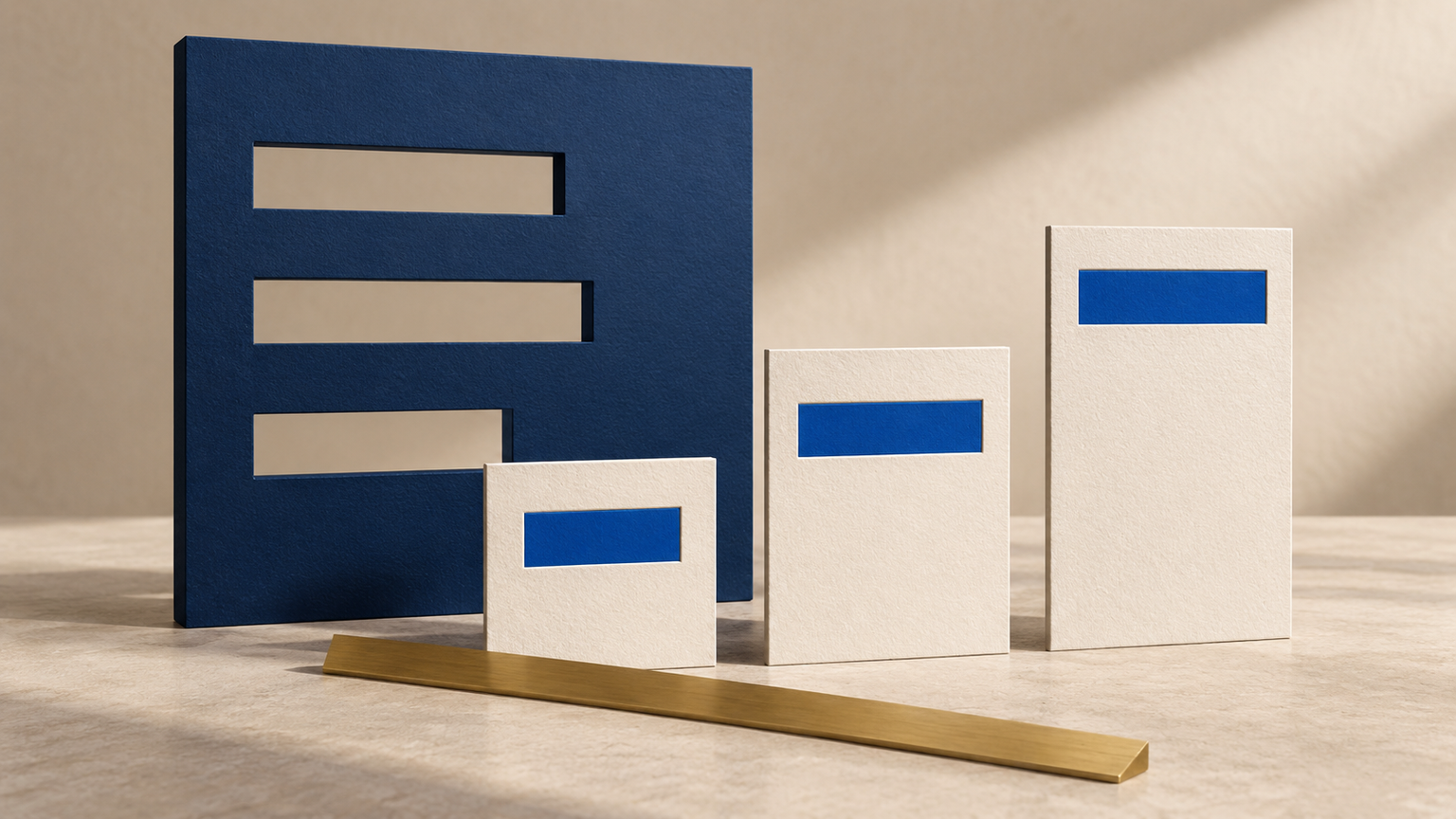 Original fictional editorial stencil above three differently sized cream cards with matching blue inset strips