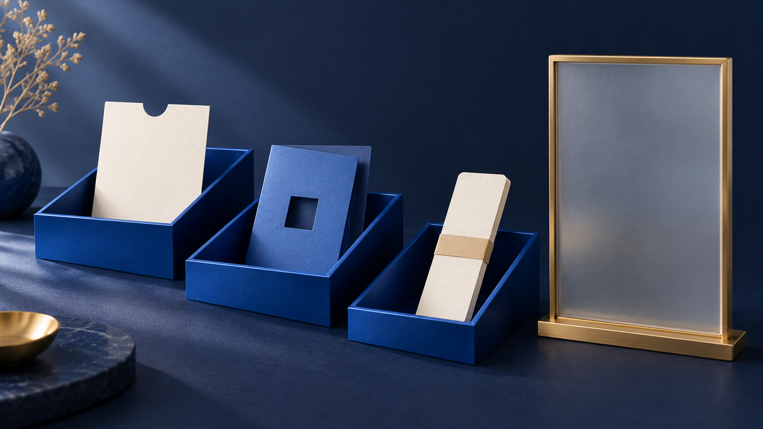 Original generated navy correspondence sorting desk with three separate cream and blue message objects and an empty gold-framed status window; fictional enquiry-purpose planning, not a real inbox, receipt, office or customer record