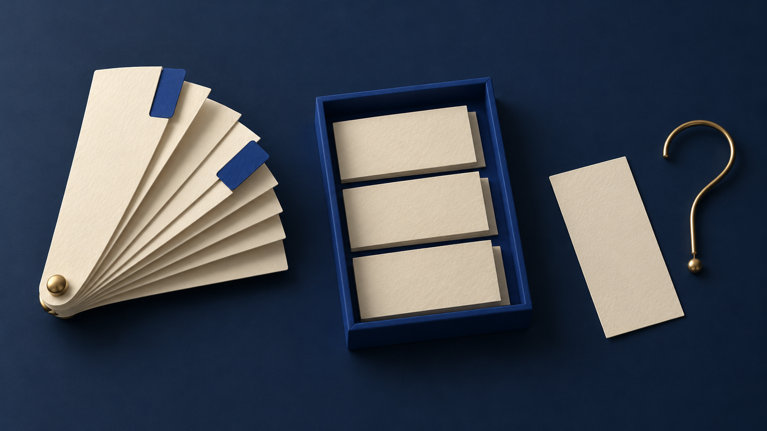 Original fictional editorial list objects: an open cream stack, a bounded blue tray and a separate undecided slip; not a real catalogue or office