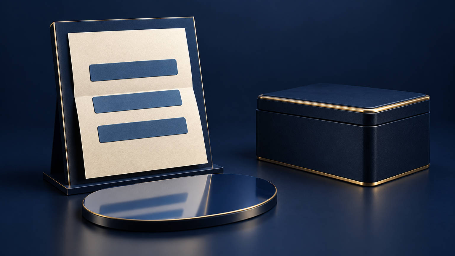 Original generated navy publication frame holding a cream public-answer sheet beside a separate opaque gold-edged workspace case; fictional content-boundary illustration, not a real report or access-control system