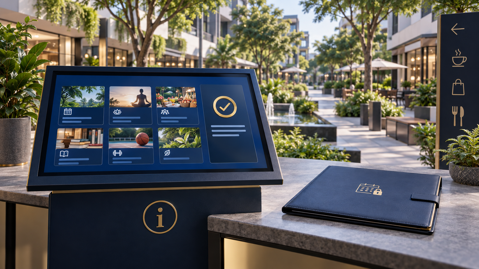 Fictional planned-community information kiosk and closed reservation folder, not a real Desa ParkCity place or Eric Chuar event