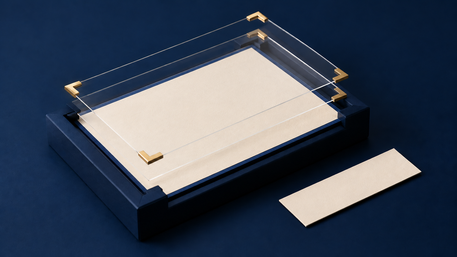 Original fictional stationery swatch in a navy revision jig with transparent rectangular framing overlays and a blank review strip; not a real product or client edit.