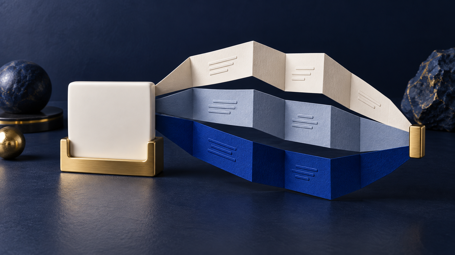 Original generated navy terminology workbench with a blank retained identity block and three folded explanation ribbons held by a gold review clasp; fictional multilingual content planning, not a real shop, translation certificate or client result