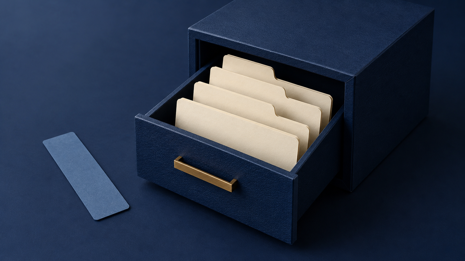 Original fictional navy public-record cabinet with cream tabs and a separate blue browsing marker; not a real customer system.