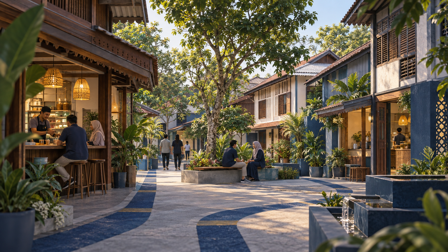 Fictional low-rise Malay-inspired neighbourhood courtyard with small service storefronts and no real landmark