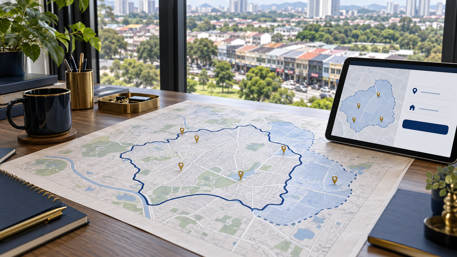 Fictional planning desk with an abstract service-area sketch and tablet; not a real Kepong boundary, office or client