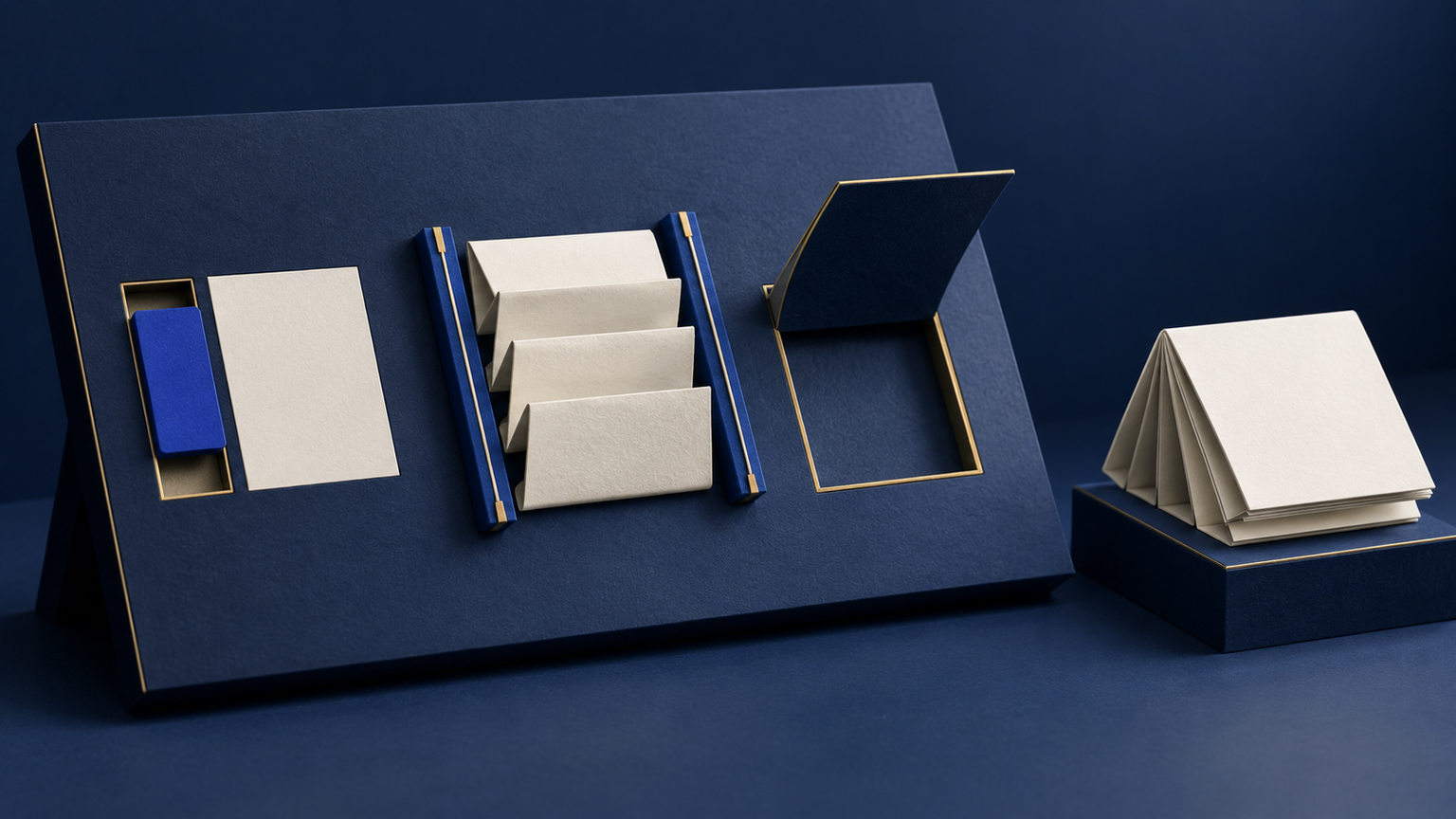 Original navy paper change board with detachable correction tab, reordered folds, blank journey flap and separate proposed assembly; fictional objects.