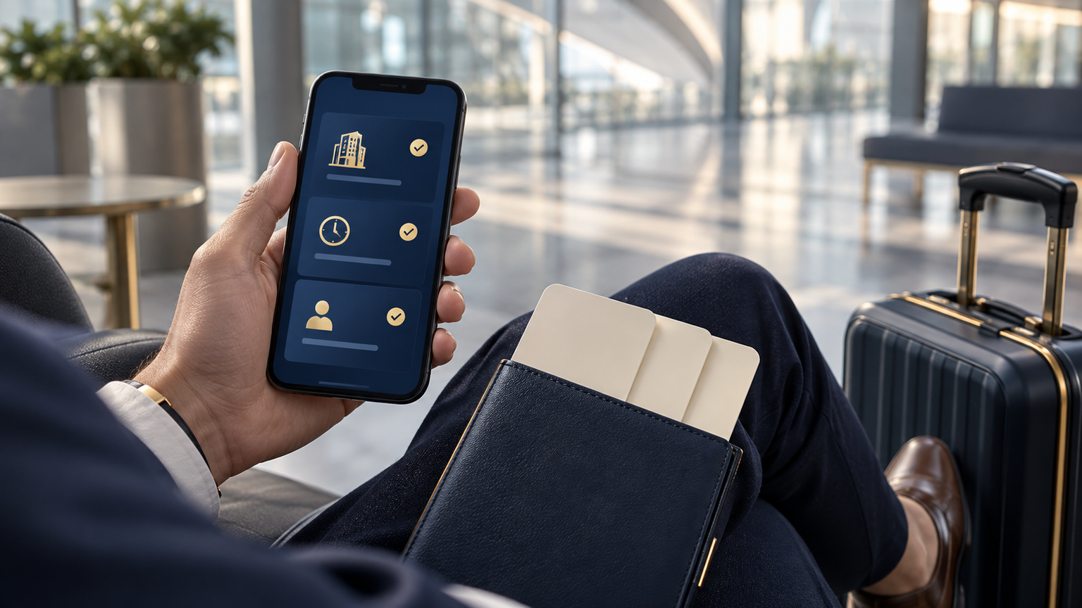 Generated fictional traveller holding an appointment-information phone beside a navy document wallet and carry-on; not a real KL Sentral scene