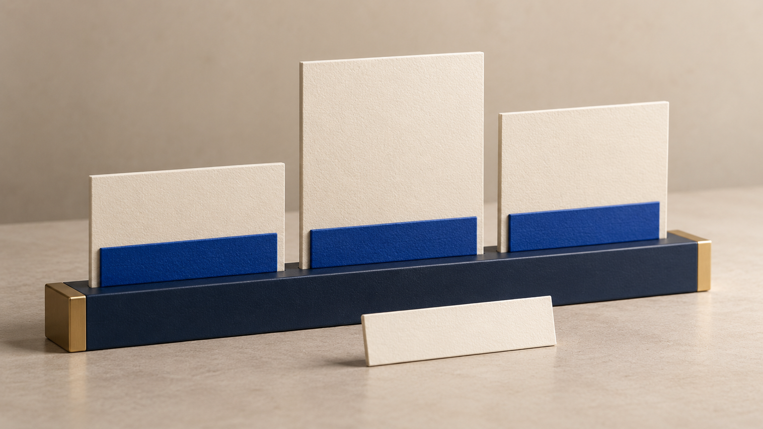 Original fictional editorial attribution display with separate blank name cards and role strips; not real people, brands or a published partnership