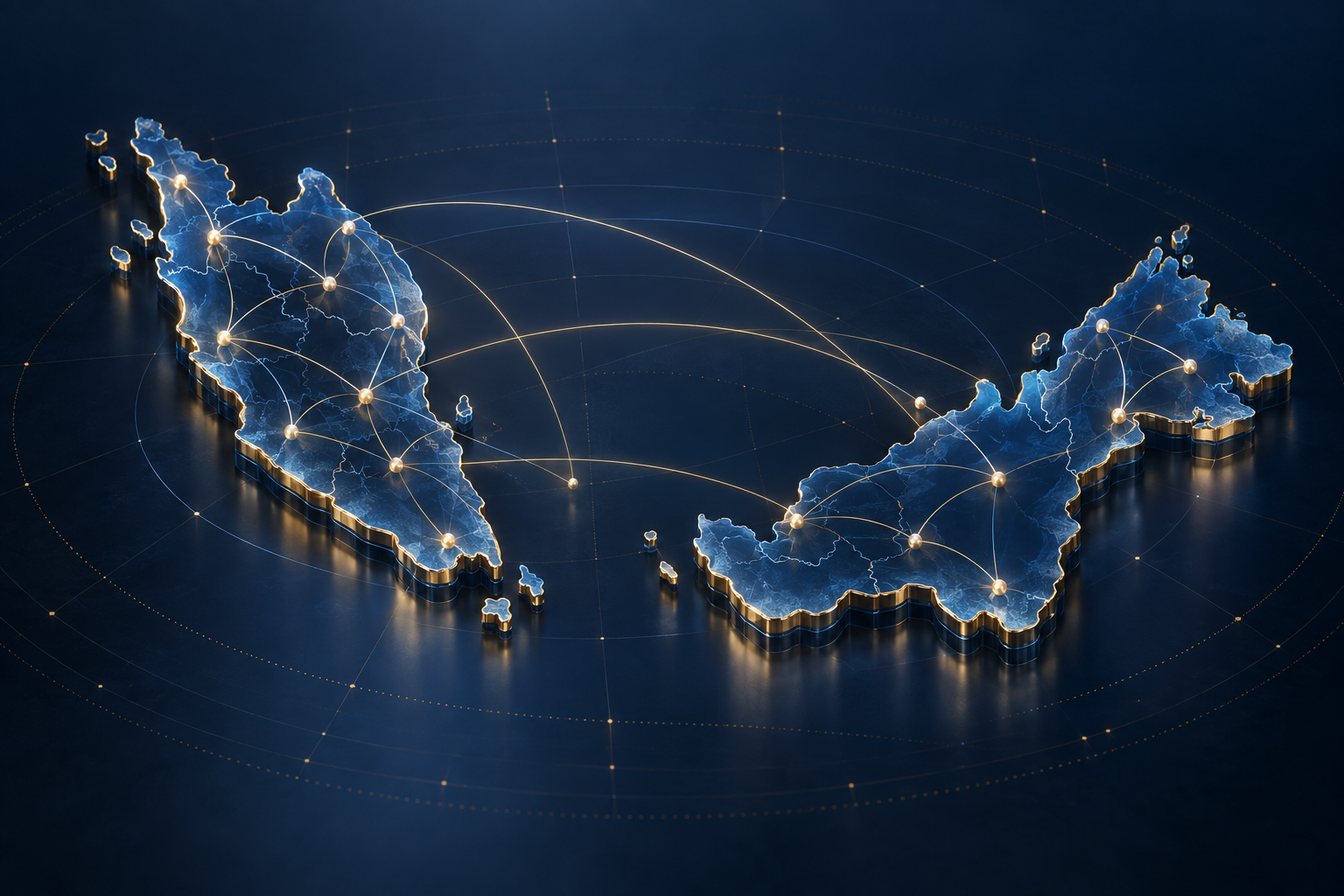 Abstract Malaysia service coverage map with connected blue and gold regions