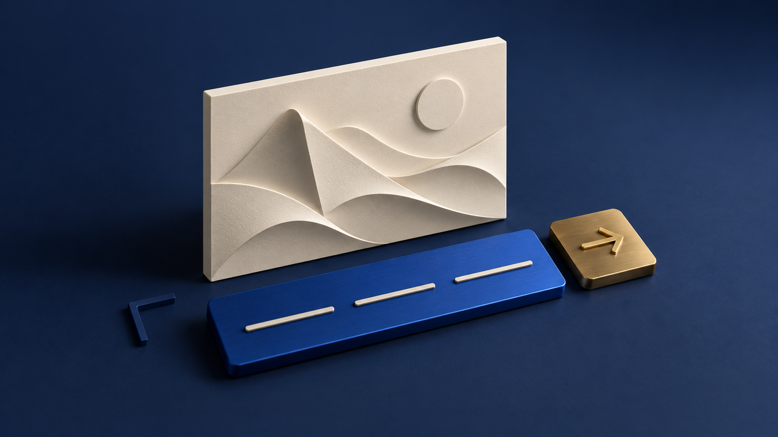 Original generated navy editorial workbench with an abstract cream image plate, separate blue answer strip and gold action tile; fictional media review, not a mall, office or client project
