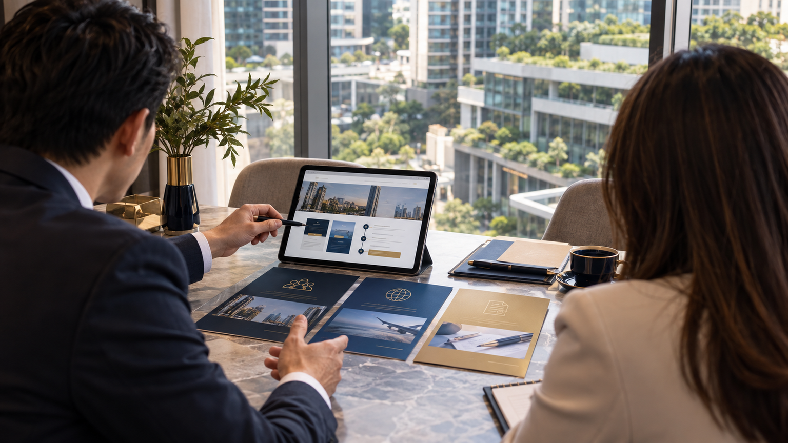 Fictional professional service-brief discussion in a temporary room with generic city buildings, not an Eric Chuar office or real Mont Kiara client