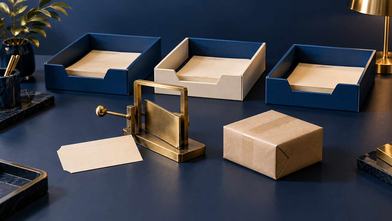 Generated fictional navy and gold routing workbench with distinct rectangular branch trays, an unbranded parcel and a separate manual confirmation gate; not a real Old Klang Road shop or Eric operation