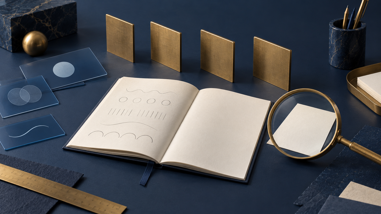 Original generated navy and gold editorial workbench with an open practice book, separate aim cards and evidence dividers; fictional programme planning, not a school, pupil or qualification