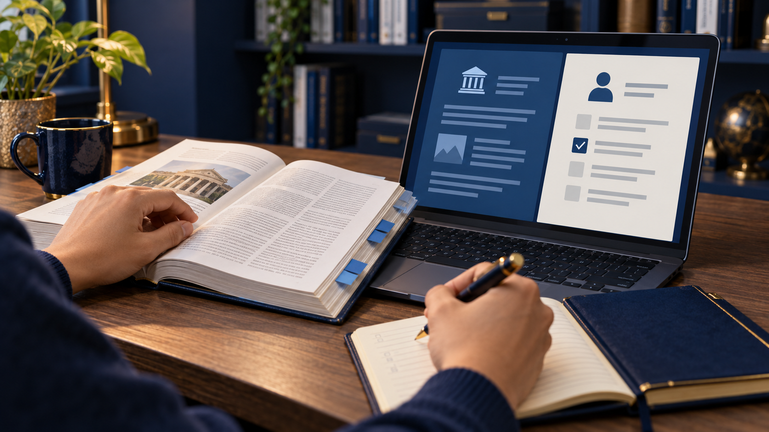 Generated fictional editor comparing a reference book with separate public-reference and private-enquiry panels on a laptop; not a real Pantai Dalam facility