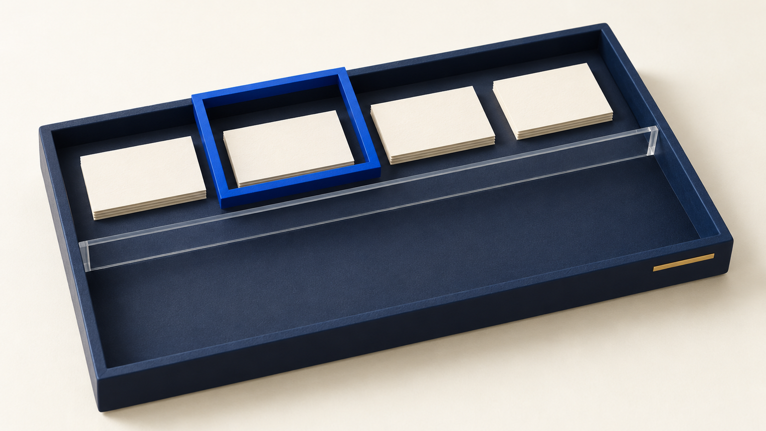 Original fictional editorial counting frame with cream reference slips, a cobalt rectangular comparison frame, straight dividers and a separate unfilled slot