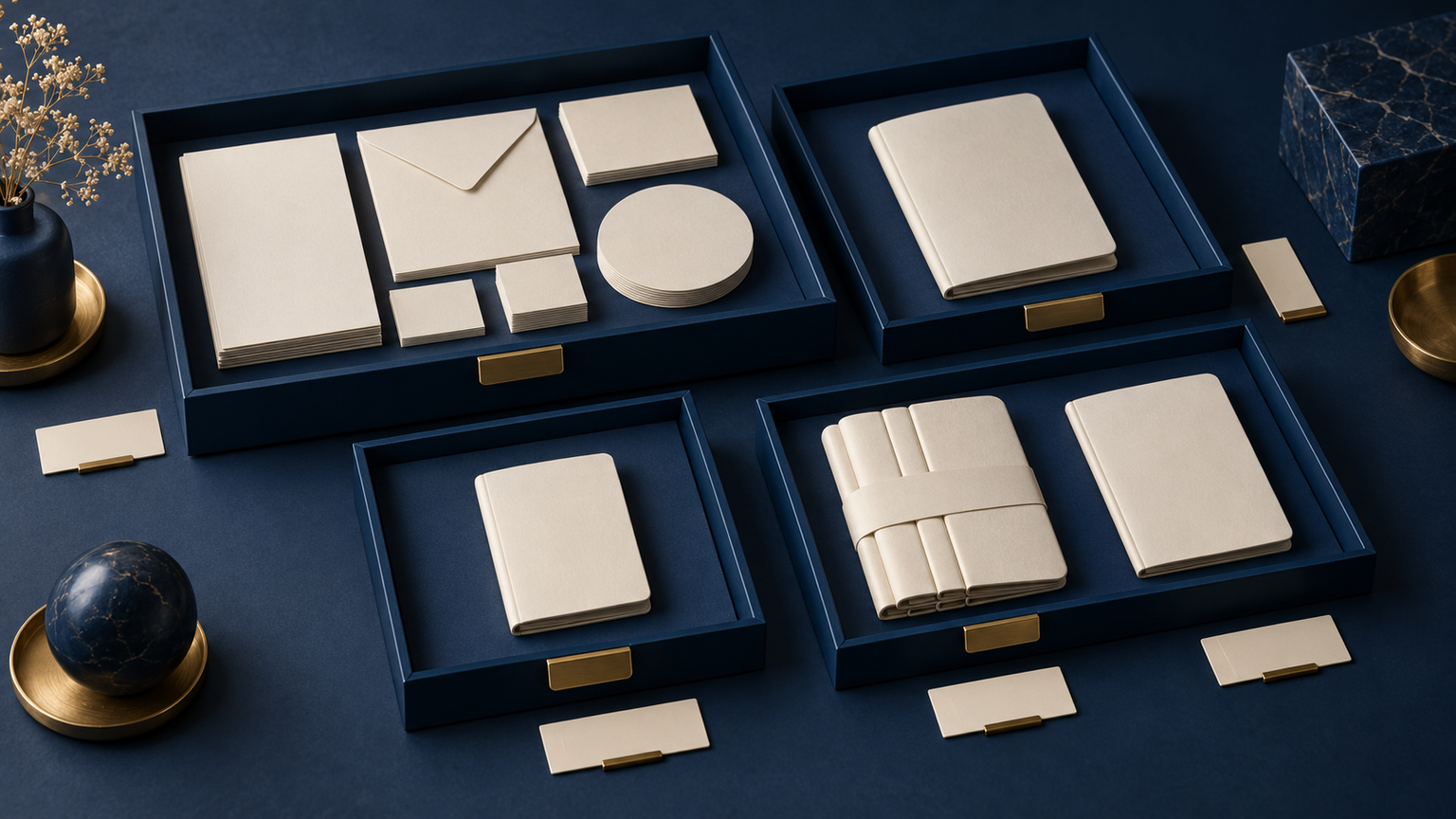 Original generated navy and gold catalogue trays separating fictional stationery items, size variants and grouped packs; illustrative objects, not a shop, real product catalogue or stock evidence