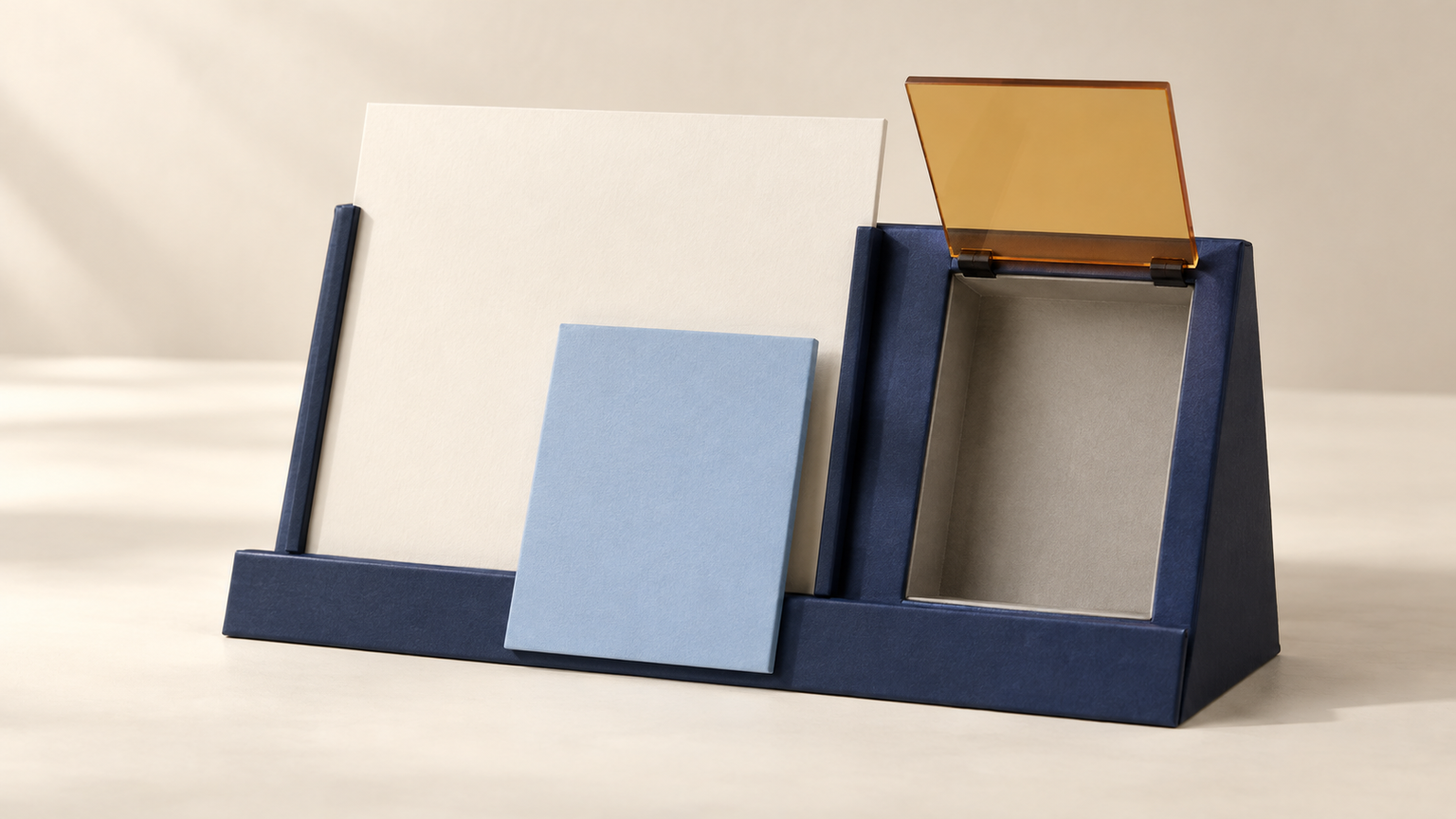 Original fictional proofing stand with a cream presentation panel, a separate blue sample panel and an unfilled review slot