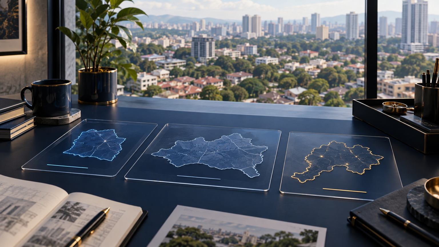 Three fictional geographic planning cards on a desk, illustrating distinct place concepts, not real Segambut boundaries or an Eric office