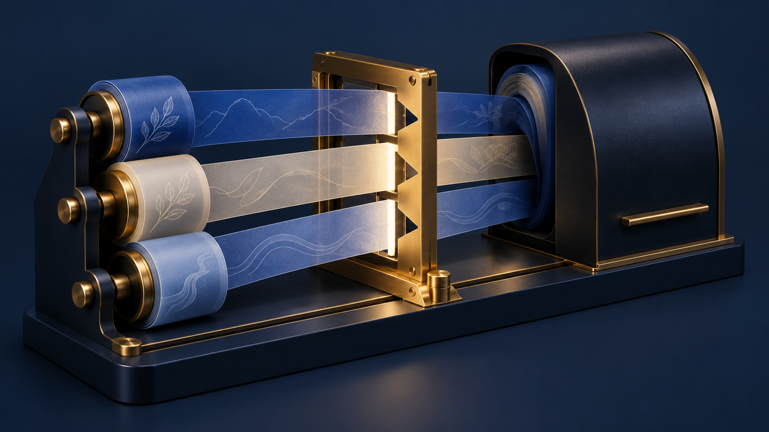 Generated fictional navy and gold publication instrument aligning three language ribbons through a release frame with a separate archive shutter; not a real Seputeh event or venue