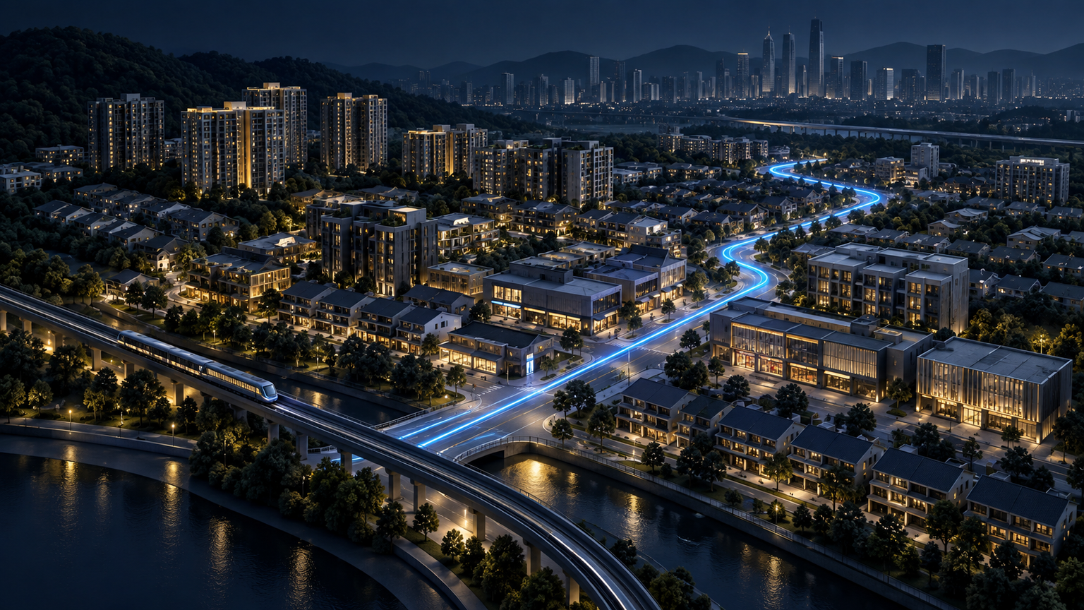 Abstract Setapak urban neighbourhood with a blue digital service path