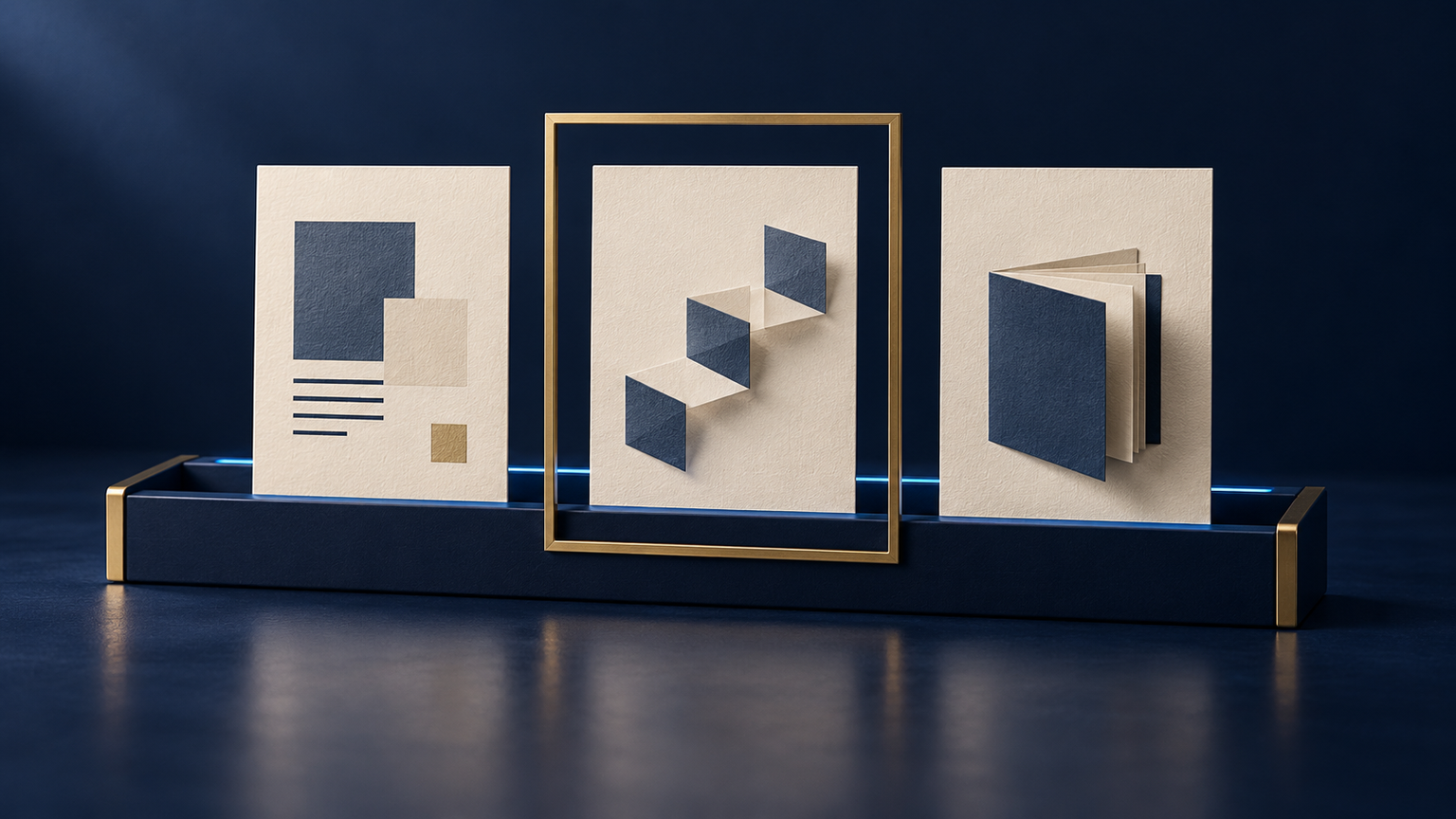 Original generated navy editorial display with three fictional cream example cards and a separate gold selection stencil; illustrates explained curation, not real client work or a ranking system