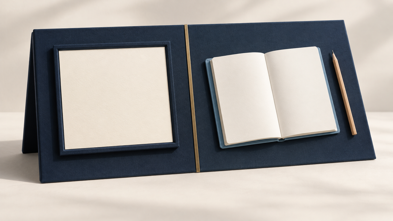 Original fictional split workboard with a mounted cream answer card, a separate blue practice notebook and pencil, and a brass divider