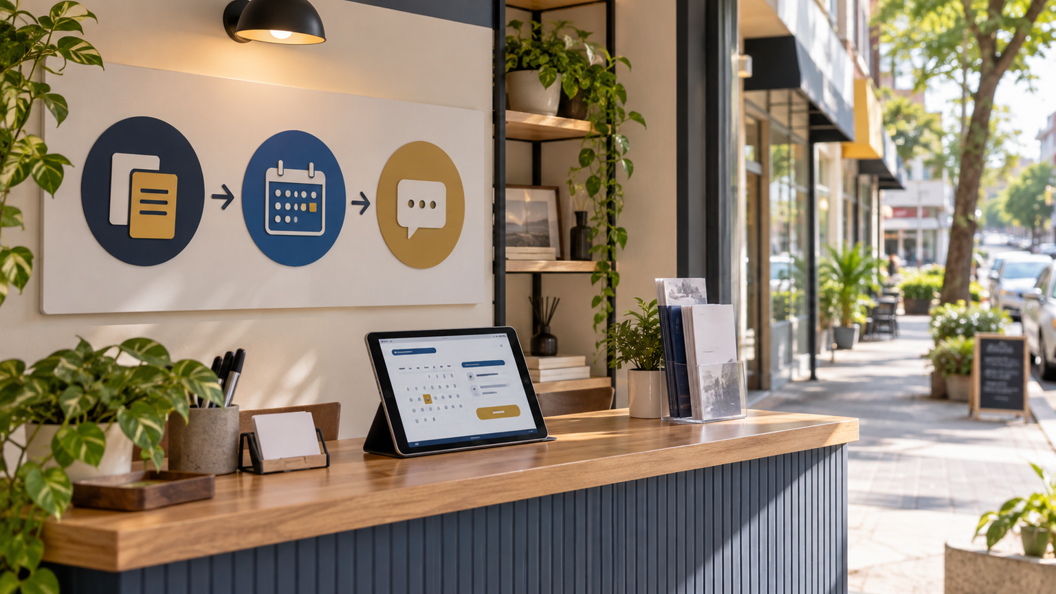 Fictional unbranded neighbourhood service counter with an abstract appointment tablet, not a real Sri Hartamas business or Eric office