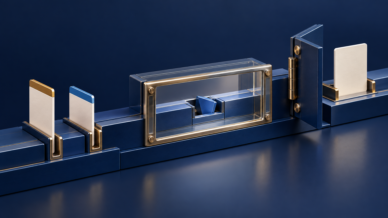 Original generated navy and gold review rail with fictional request cards, an observation window and a separate unapproved review gate; illustrative process, not a live helpdesk or incident