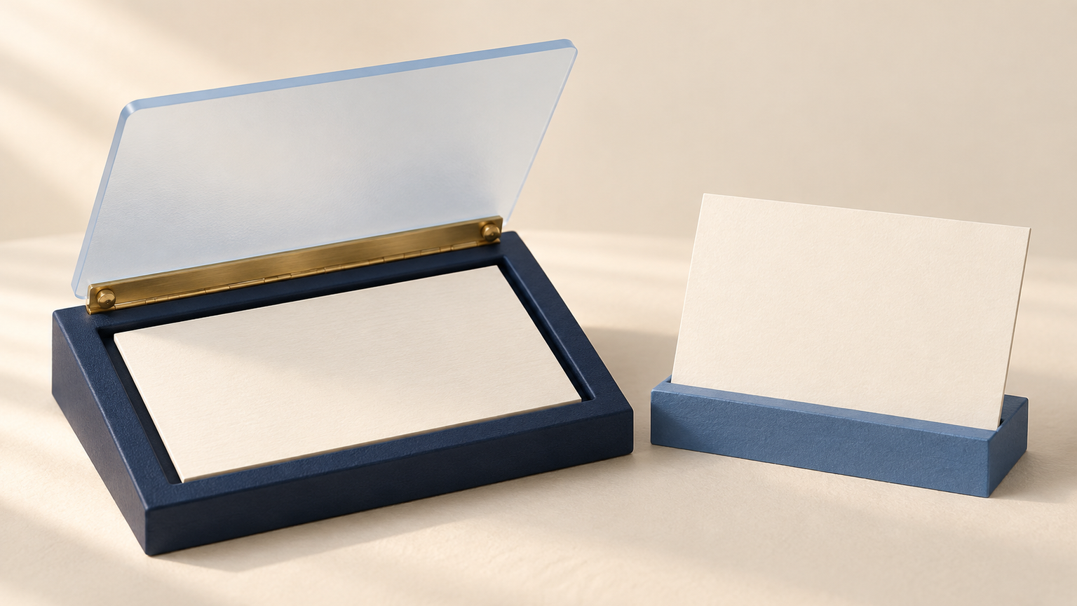 Original fictional paper display with a lifted translucent cover beside an unobstructed cream information card