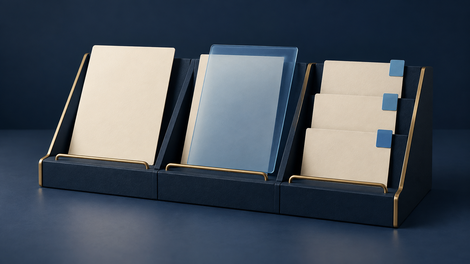 Original fictional three-channel resource stand with a flat reading leaf, a translucent comment overlay and separated blank template pieces