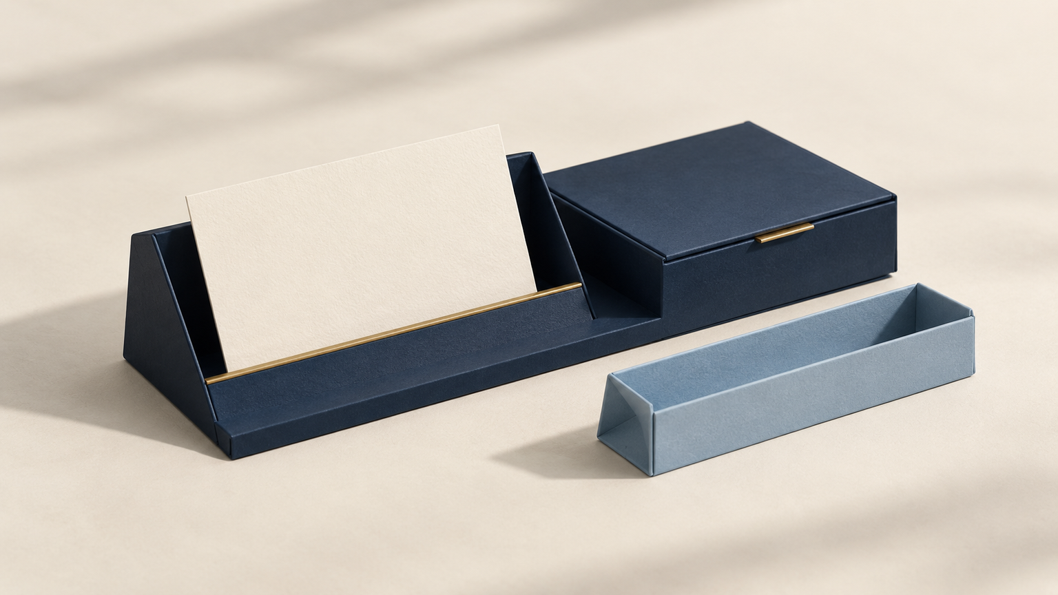 Original fictional desktop sorting frame with a short cream question card, a blue optional insert and a separate closed compartment