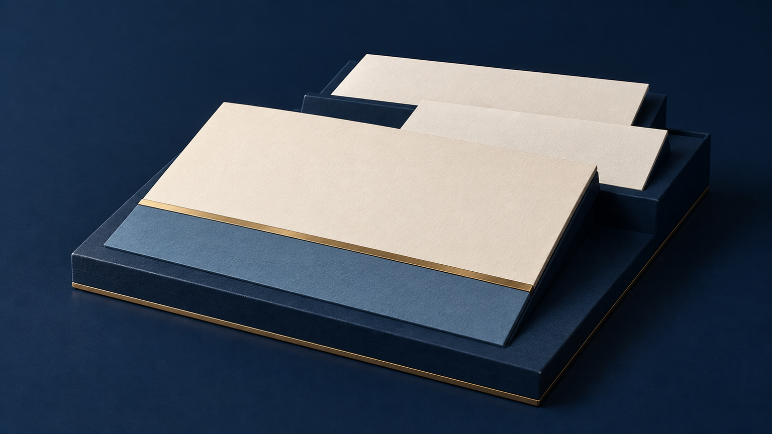 Original fictional stepped editorial tray with a cream answer panel and attached blue condition strip above separate supporting sheets