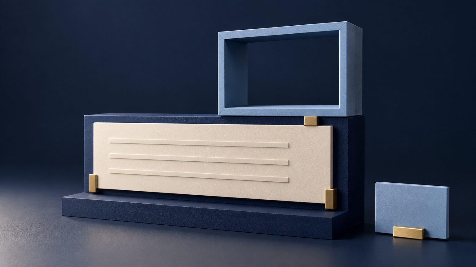 Original fictional navy layered display with an open blue update window and a readable cream fallback panel; not a live business dashboard.