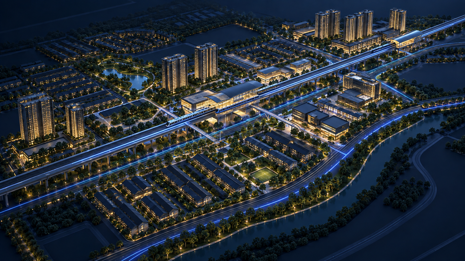 Abstract Wangsa Maju transit district with blue and gold service pathways