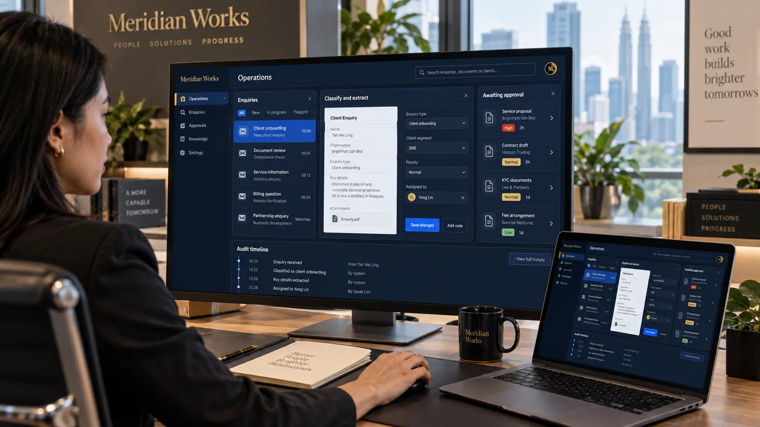 Meridian Works operations manager using a supervised enquiry workflow with classification, extraction, approval and audit panels