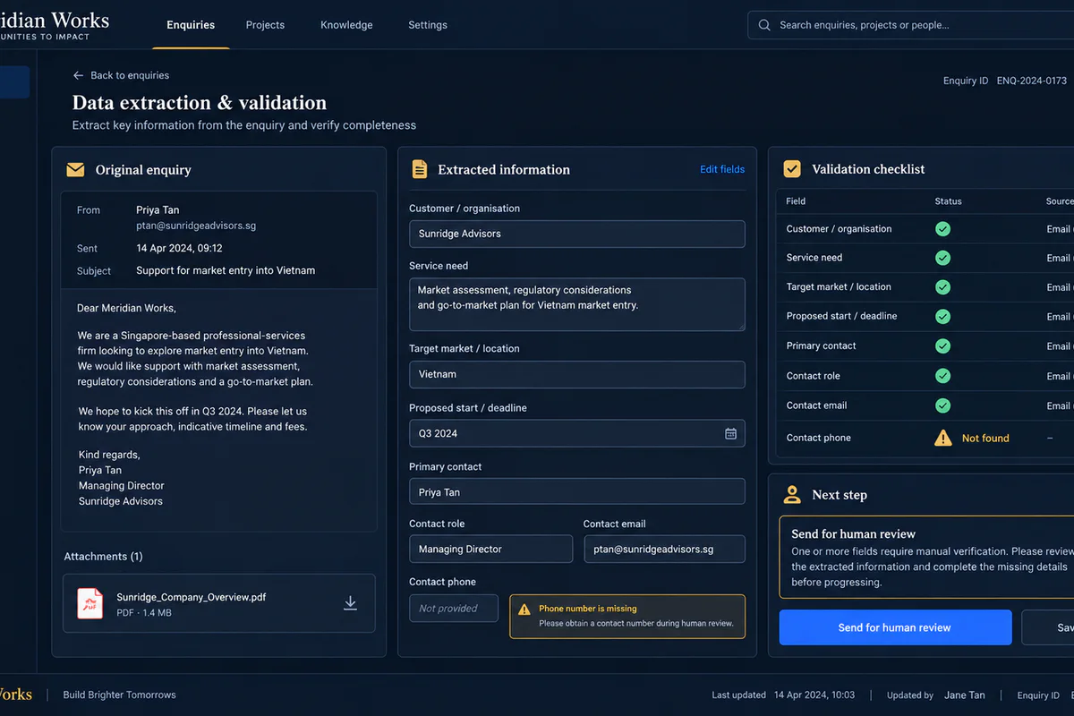 Meridian Works interface comparing an enquiry with extracted fields and validation checks