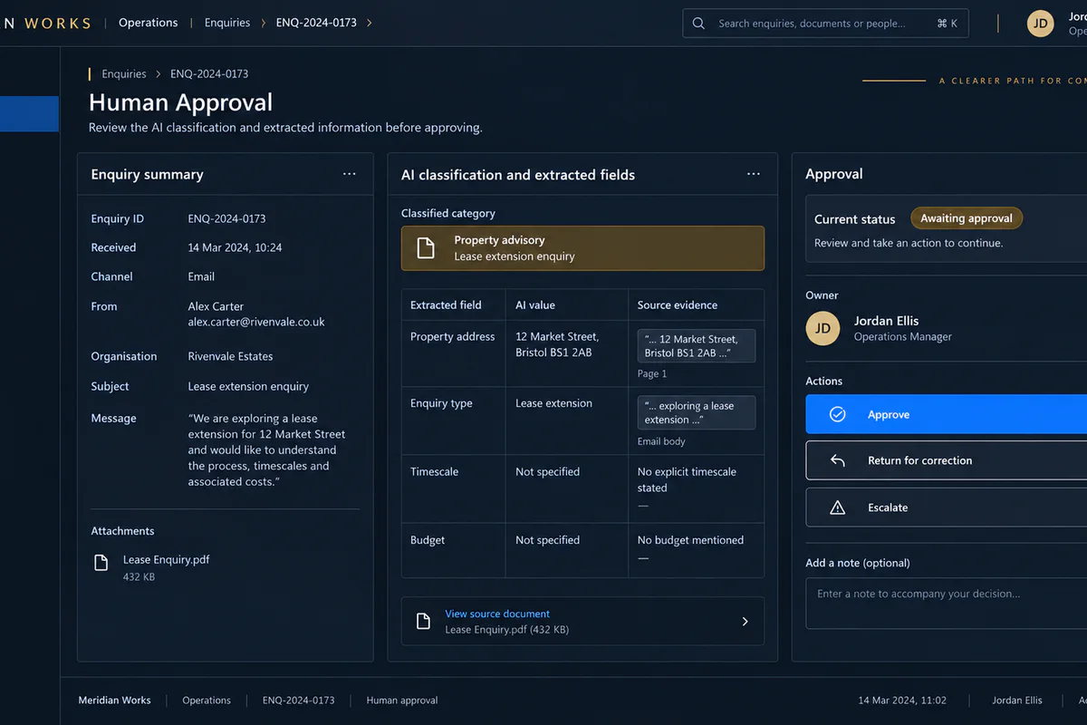 Meridian Works approval interface with source evidence and approve, correct and escalate controls