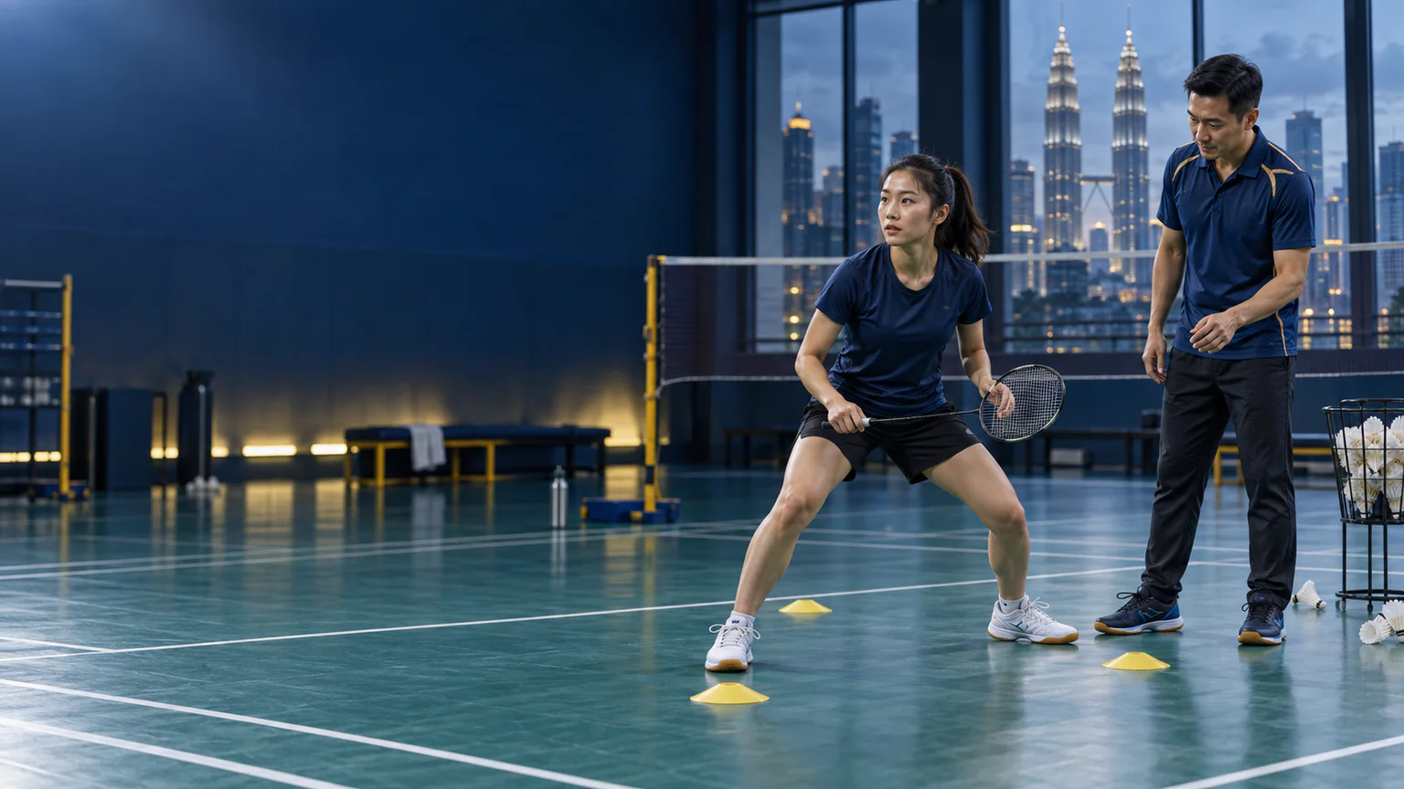 Kejurulatihan badminton sabar yang menghubungkan pegangan, imbangan, pergerakan, persediaan dan latihan bermatlamat