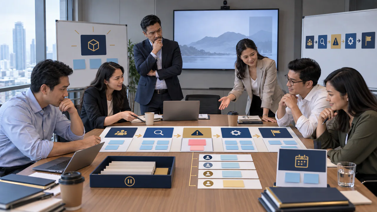 After: same fictional leadership team with a clear offer journey bottleneck owned actions deferred work and review point