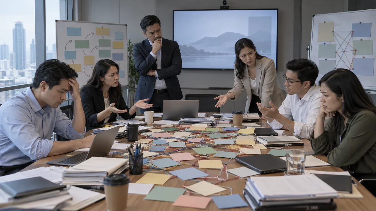 Before: same fictional leadership team surrounded by disconnected activities tangled handoffs unclear offer and competing priorities