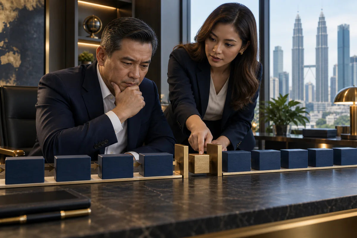 Owner and adviser examining a physical bottleneck in a straight block workflow