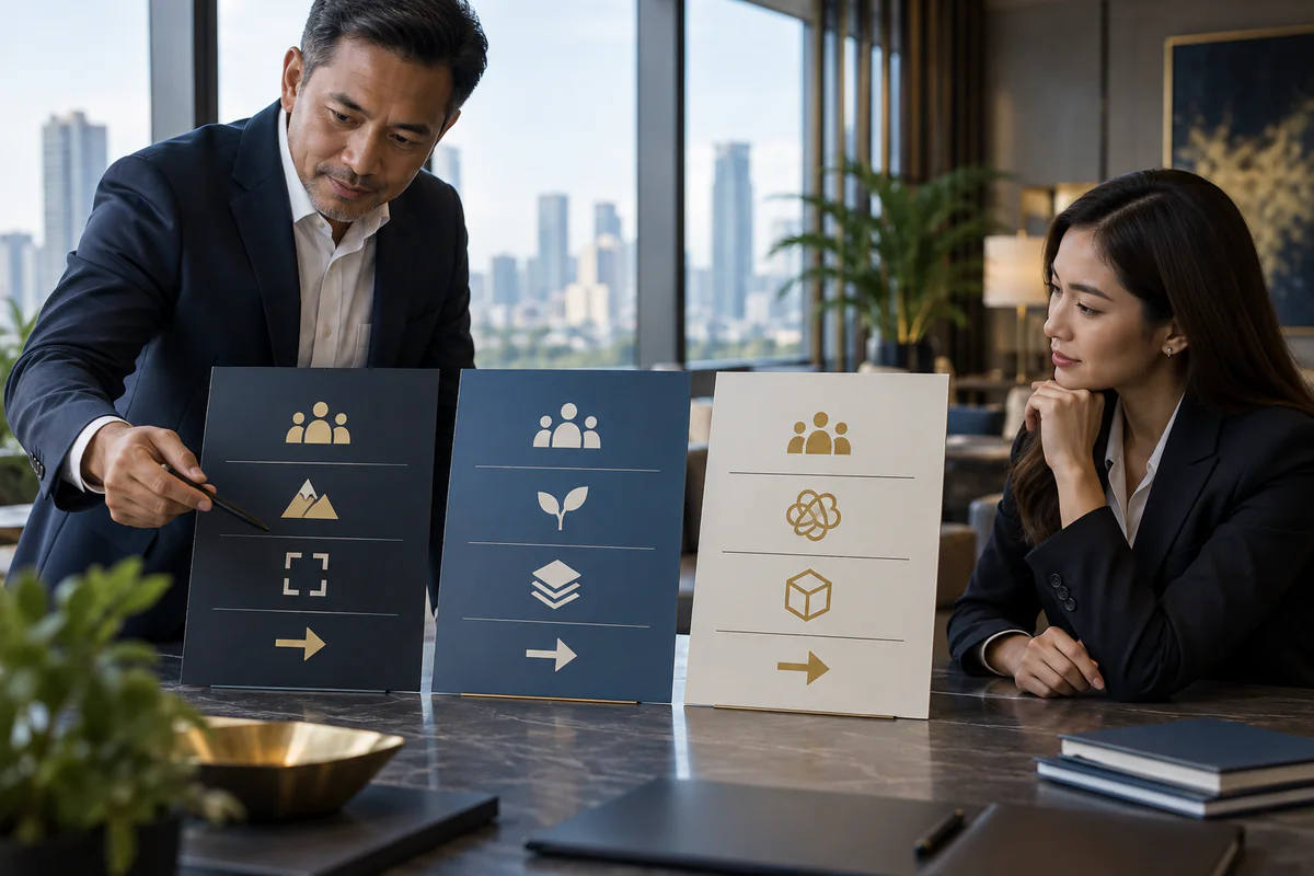 Owner and adviser comparing three abstract service offer boards