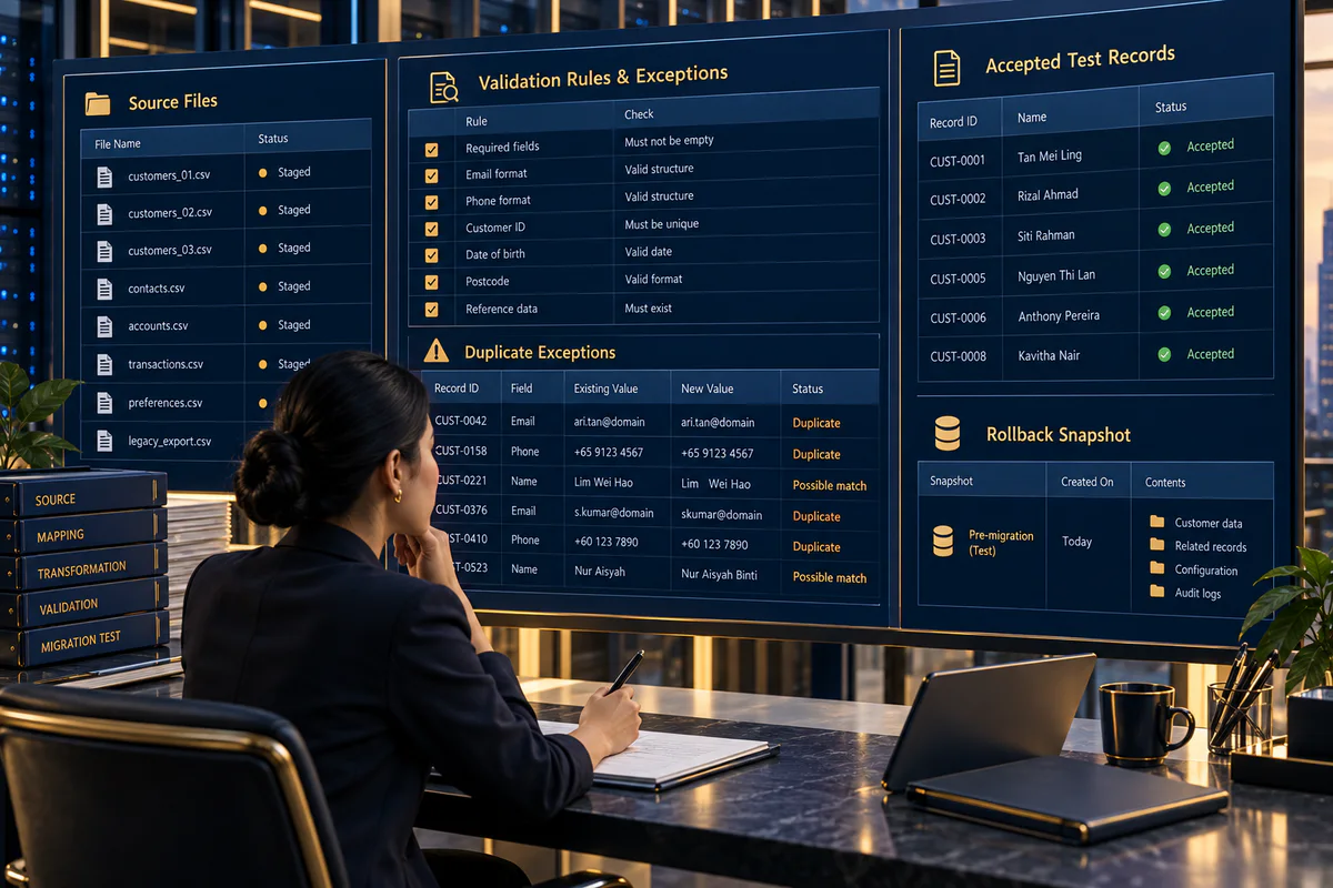 团队演练虚构客户资料迁移，包含来源、映射、验证与回滚检查点